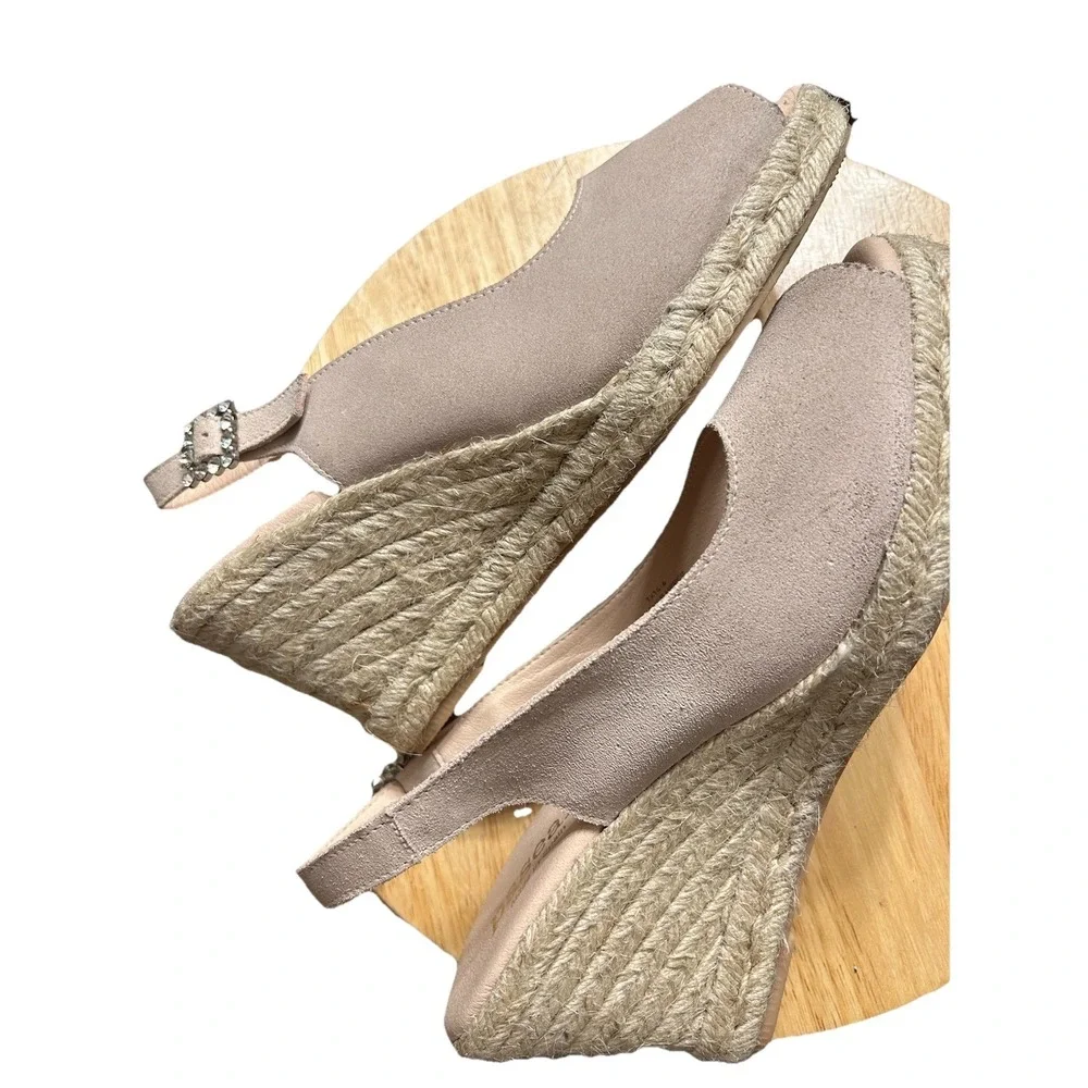 Paseart Spain Leather‎ Suede Jute Espadrille Wedge Sandals Peep Toe Rhinestone 9